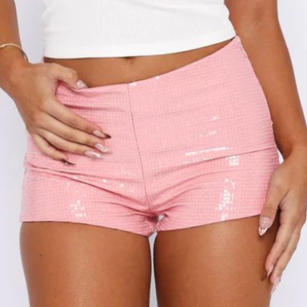 NWT White Fox Boutique Old News Sequin Shorts - Baby Pink